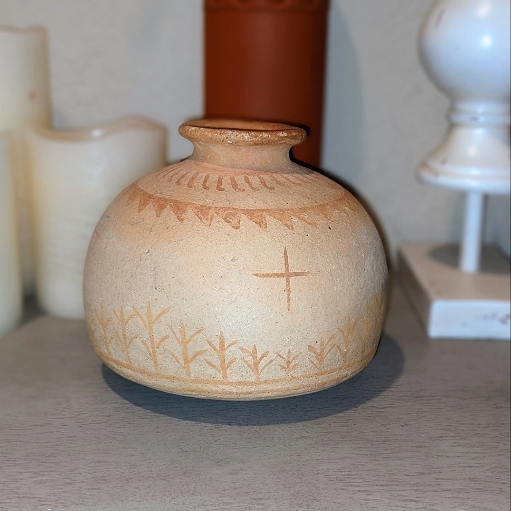 Small Handmade Bottleneck Ceramic Clay Detailed Vase
